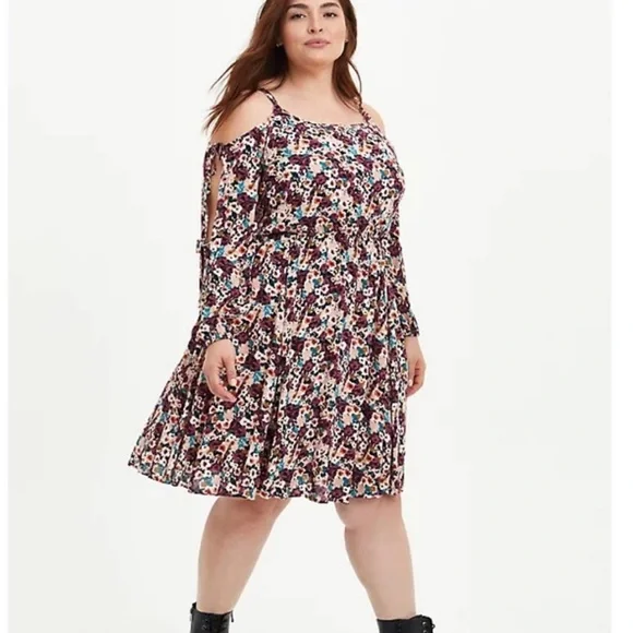 TORRID COLD SHOULDER SKATER DRESS GAUZE FLORAL BLACK NWT